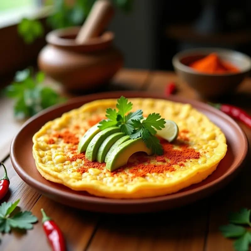 Tortilla dorada de elote con chili en polvo, servida en plato de barro con rodajas de aguacate y cilantro fresco. Desayuno mexicano vegano y sin gluten.