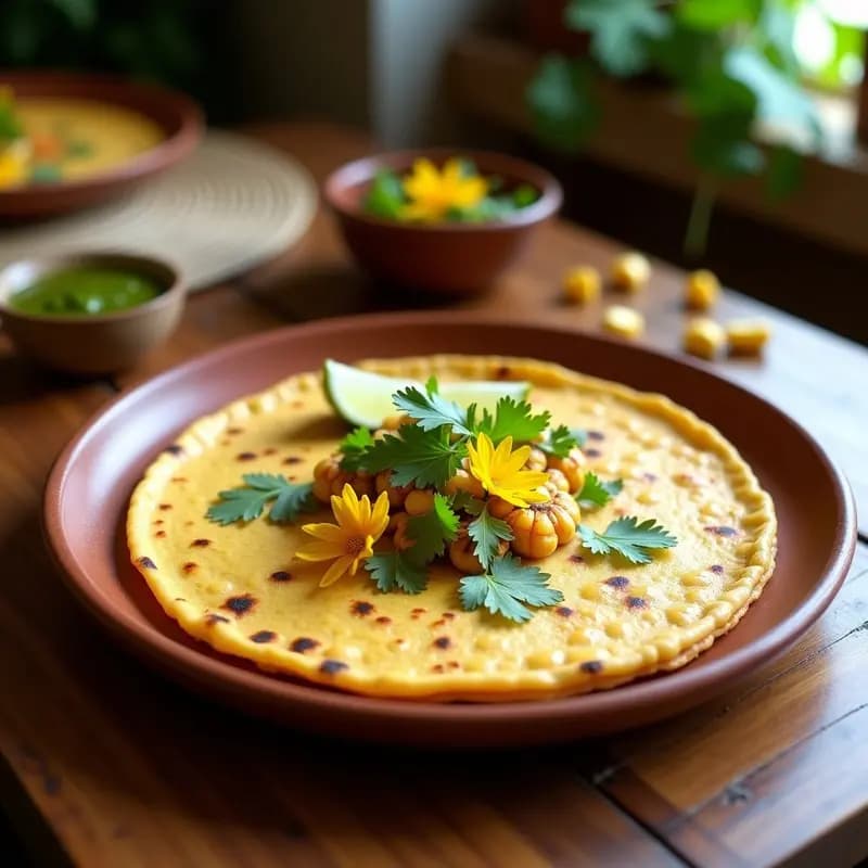 Tortilla dorada y esponjosa de elote y flor de calabaza vegana, servida en plato de barro rústico con rodajas de limón y cilantro fresco, receta mexicana tradicional.