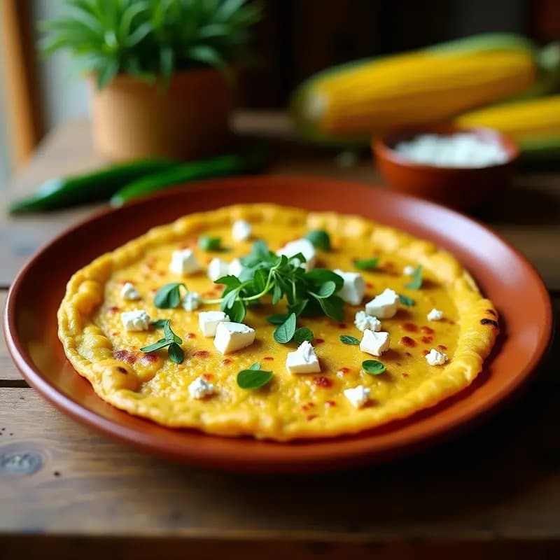 Tortilla dorada de elote con queso de cabra desmenuzado y hojas de epazote, servida en plato rústico de barro con fondo de cocina mexicana tradicional.