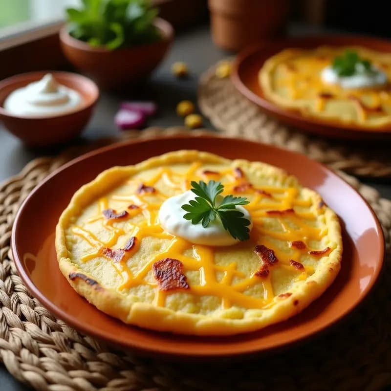 Tortilla dorada de elote y queso cheddar con toques de chipotle, servida en plato de barro rústico con crema ácida y hojas de cilantro, desayuno mexicano con textura esponjosa y bordes crujientes.