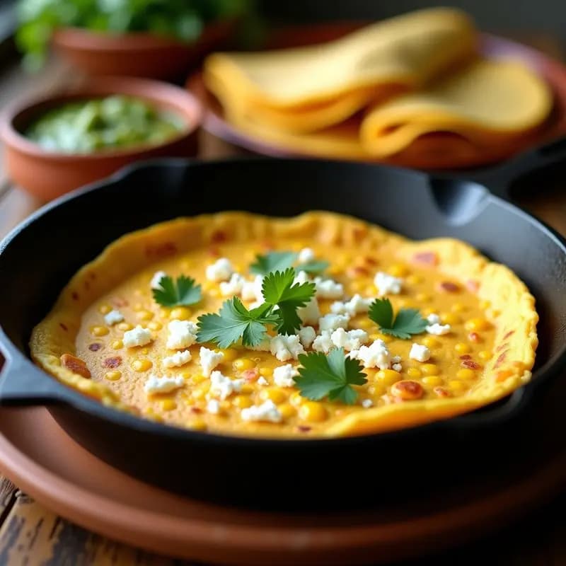 Tortilla de elote y queso cotija dorada en sartén de hierro, con granos de maíz visibles, queso cotija desmenuzado y cilantro fresco espolvoreado, servida en plato de barro con fondo rústico.