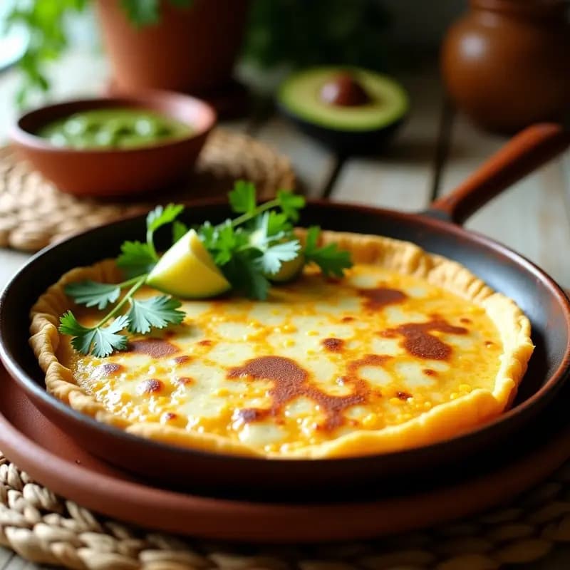 Tortilla dorada de elote y queso fresco servida en plato de barro, con granos de elote visibles y queso fresco desmenuzado, acompañada de cilantro fresco y rodajas de chile poblano asado. Desayuno mexicano alto en fibra y sin gluten.