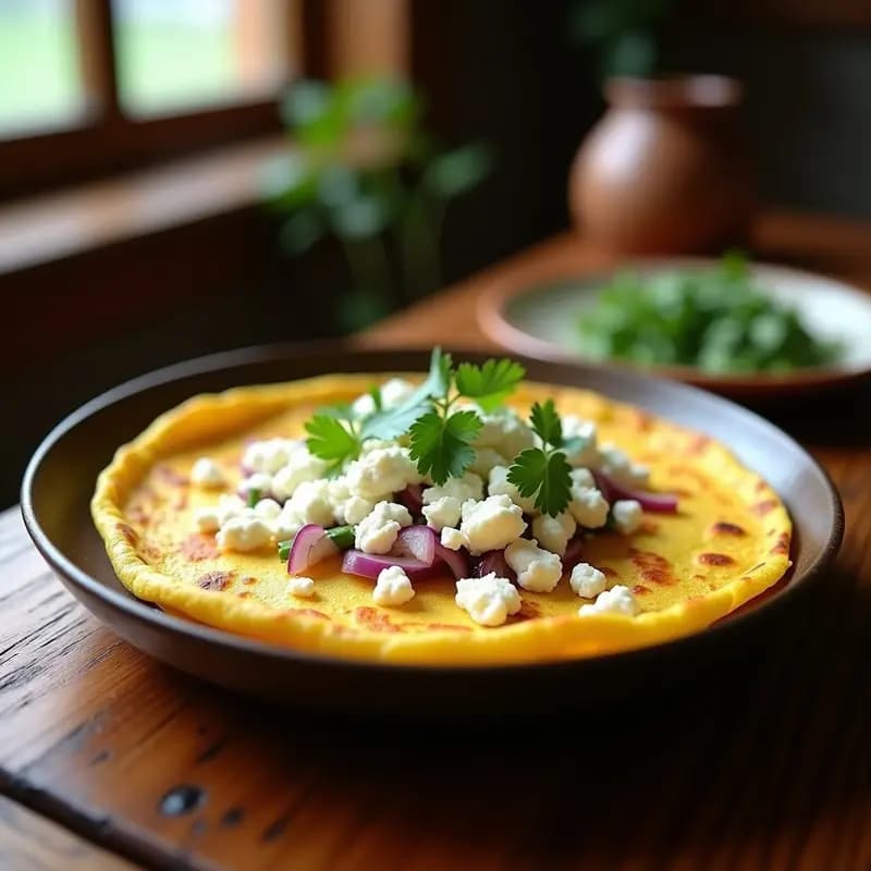 Tortilla de elote con queso fresco dorada en sartén antiadherente, con trozos de queso fresco derritiéndose ligeramente sobre una superficie esponjosa y dorada, acompañada de rodajas de chile poblano asado y cilantro fresco.