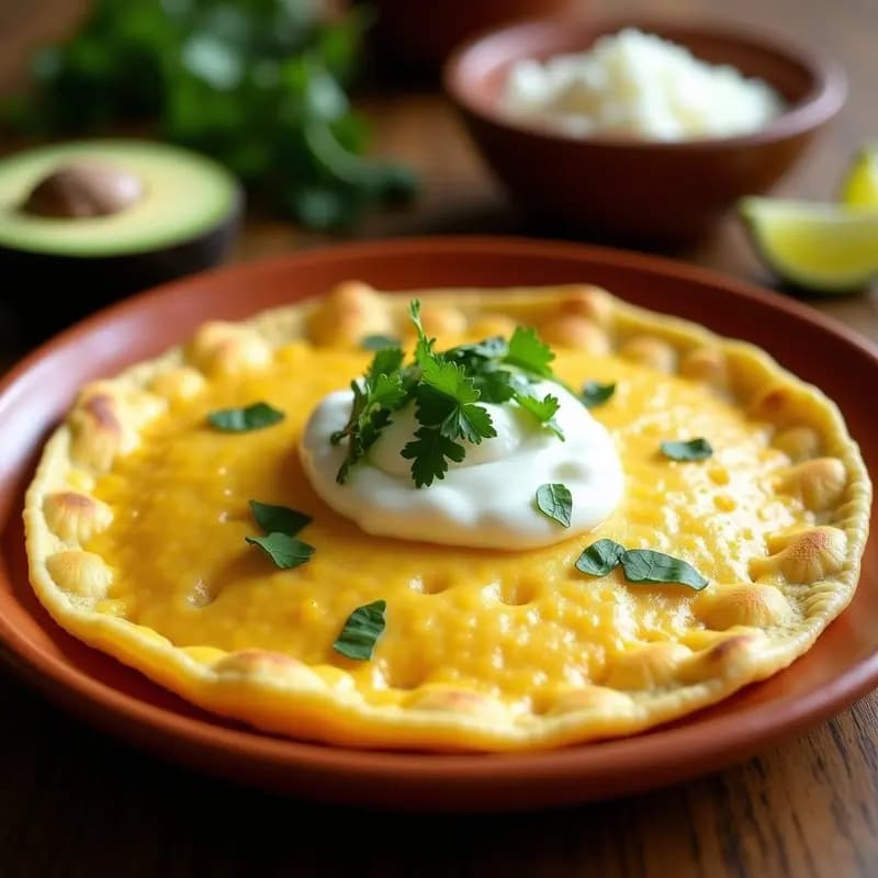 Tortilla de elote y queso Oaxaca dorada y esponjosa, servida en plato de barro con crema ácida y hojas de epazote, ideal para desayuno o cena mexicana.