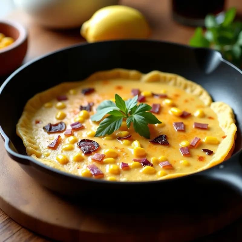 Tortilla dorada de elote y queso Oaxaqueño desmenuzado, con trozos de cebolla morada y chile poblano, servida en plato de barro rústico con cilantro fresco espolvoreado.