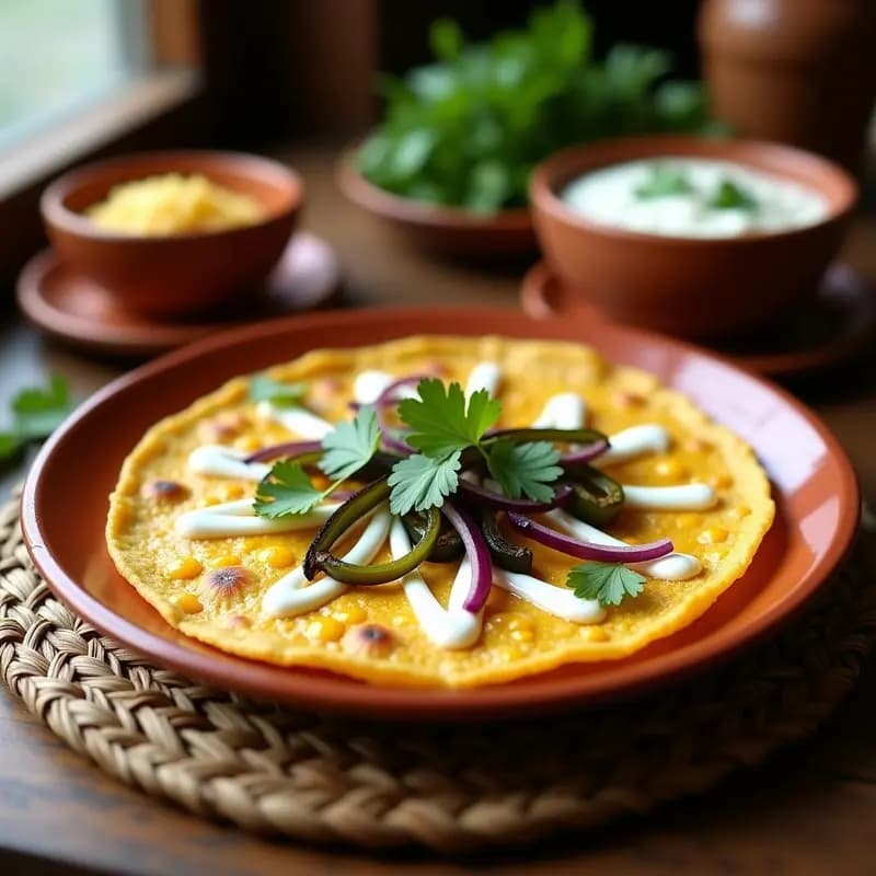 Tortilla dorada de elote con rajas de chile poblano asado y salsa cremosa de cilantro, servida en plato de barro con fondo rústico.