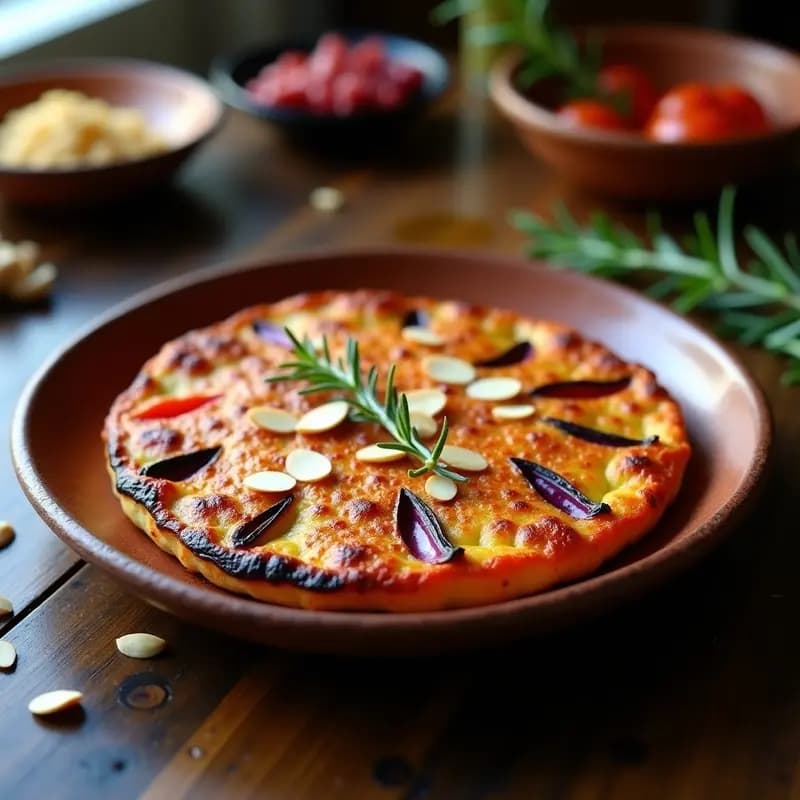 Tortilla de escalivada catalana ahumada servida en plato de barro, con trozos de berenjena, pimiento rojo y cebolla morada asados, espolvoreada con virutas de almendra tostada y un toque de pimentón ahumado.