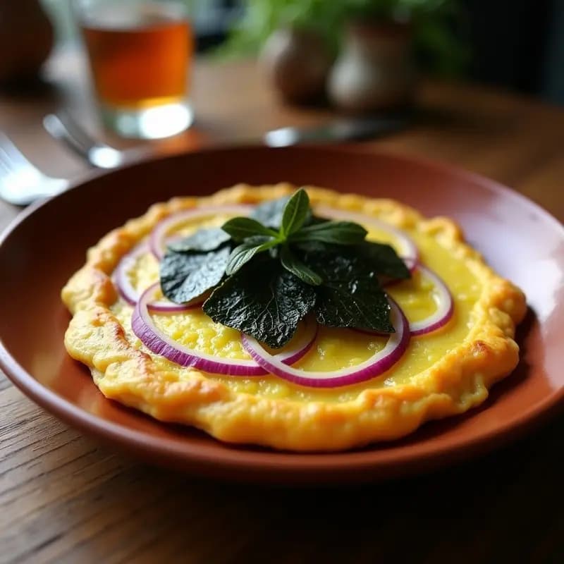 Tortilla española dorada con tiras crujientes de alga nori por encima, servida en plato rústico de barro con fondo de patatas y cebolla en juliana.