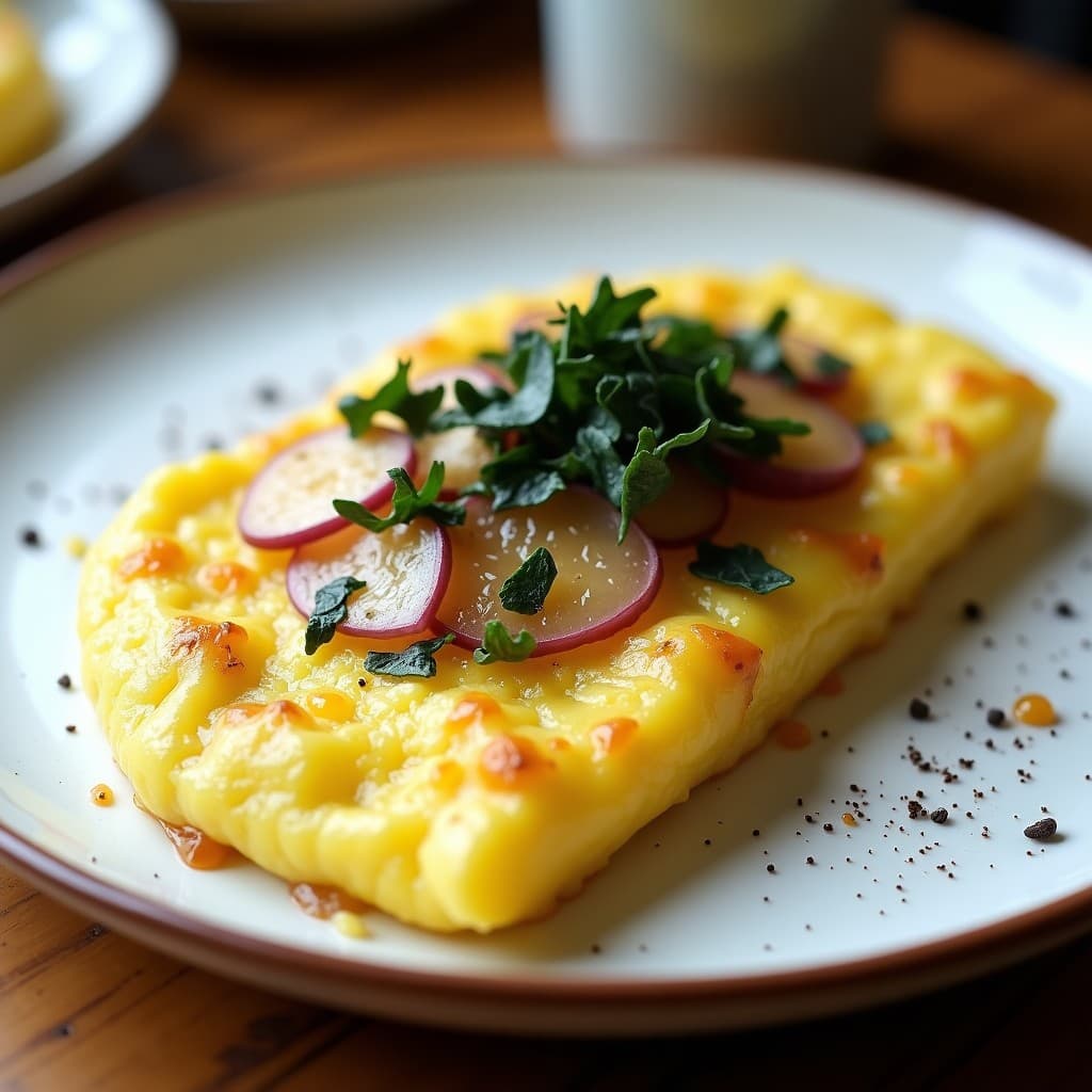 Tortilla española dorada con alga nori en copos, servida en plato blanco rústico con rodajas de patata visibles y un toque de pimienta negra.
