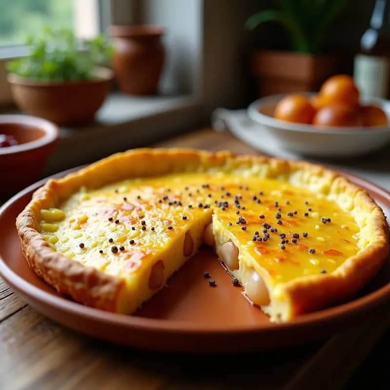 Tortilla española dorada y jugosa cortada en porciones, con láminas de patata y cebolla morada visibles, servida en plato rústico de barro con fondo de cocina tradicional.