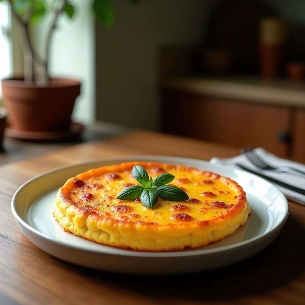 Tortilla española dorada con trozos de batata ahumada y cebolla morada, servida en plato de madera rústico con fondo de cocina tradicional.