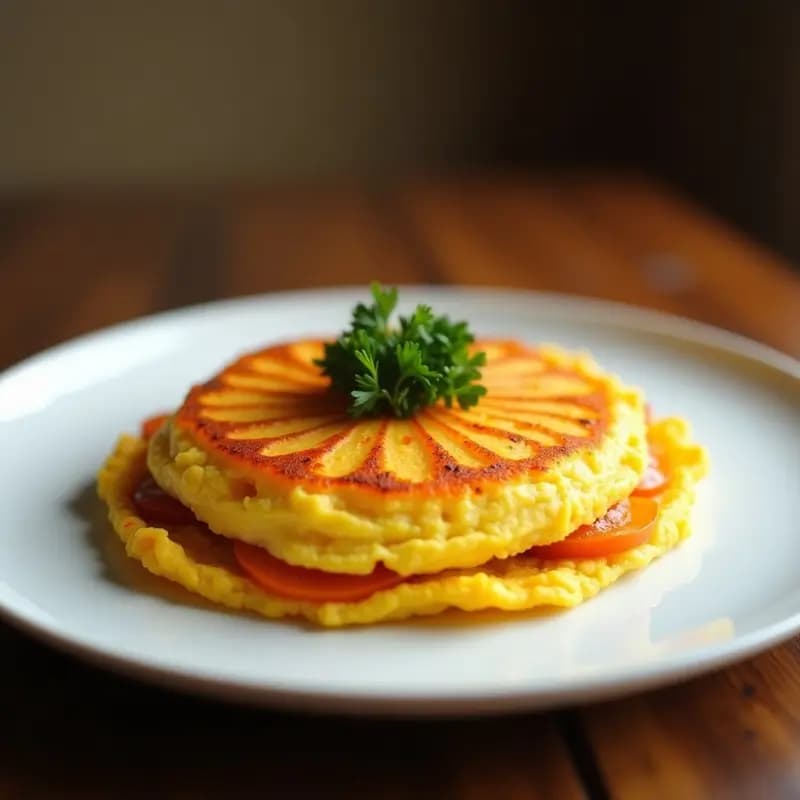 Tortilla española dorada con trozos de batata naranja y azafrán, servida en un plato blanco con perejil fresco espolvoreado, receta gourmet.