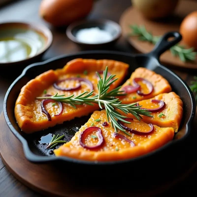 Tortilla española dorada de batata en sartén de hierro, cortada en porciones con textura esponjosa, acompañada de hojas de romero fresco y un chorrito de aceite de oliva virgen extra.