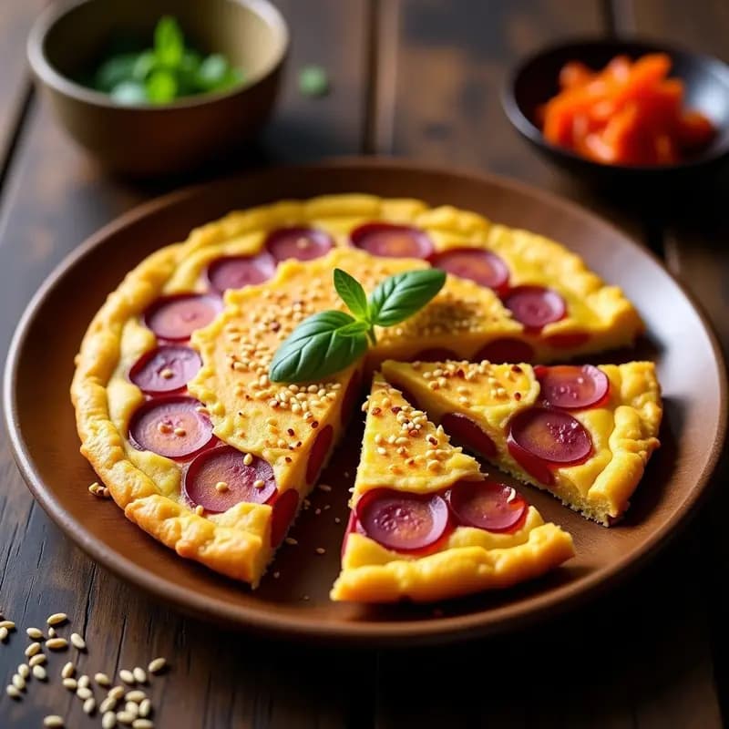 Tortilla española dorada con trozos de batata morada y kimchi, cortada en porciones, sobre un plato de madera rústico con semillas de sésamo espolvoreadas.