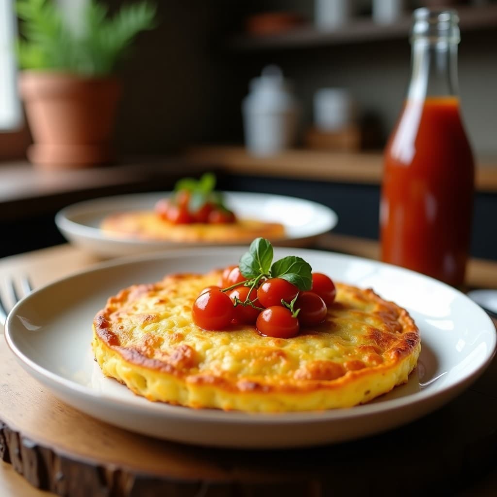 Tortilla española dorada y jugosa con trozos de batata naranja y morcilla de cebolla, servida en plato de barro rústico con perejil fresco espolvoreado.
