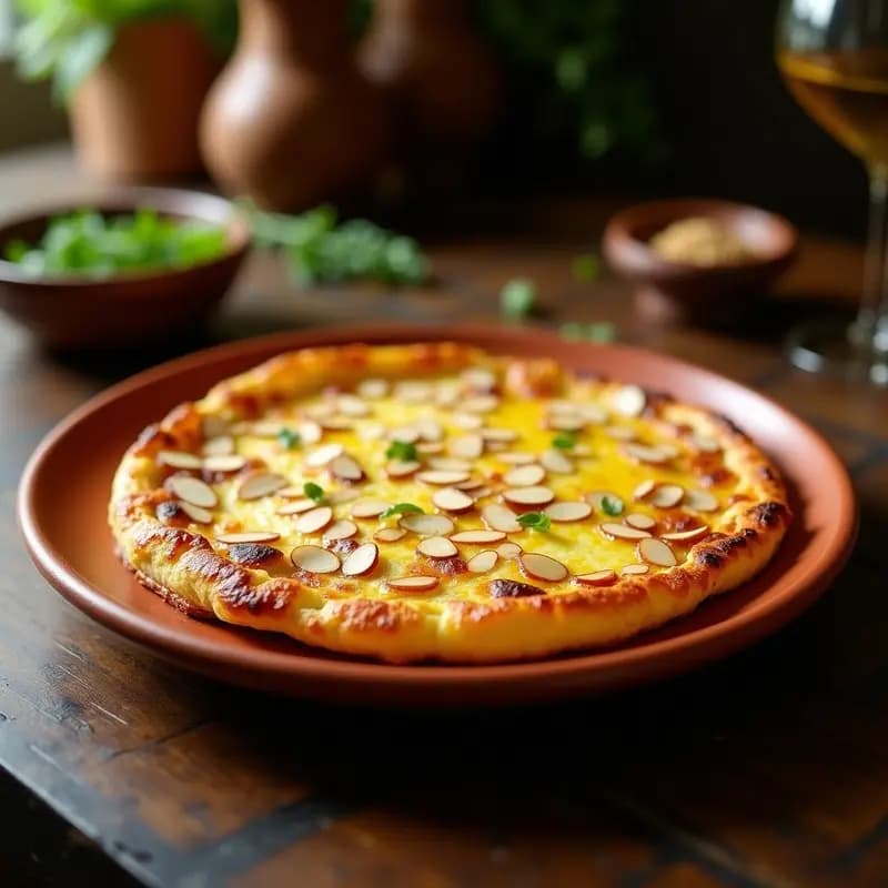 Tortilla española dorada con almendras fileteadas tostadas en la superficie, servida en plato de barro rústico con fondo de mesa de madera oscura, receta tradicional andaluza.