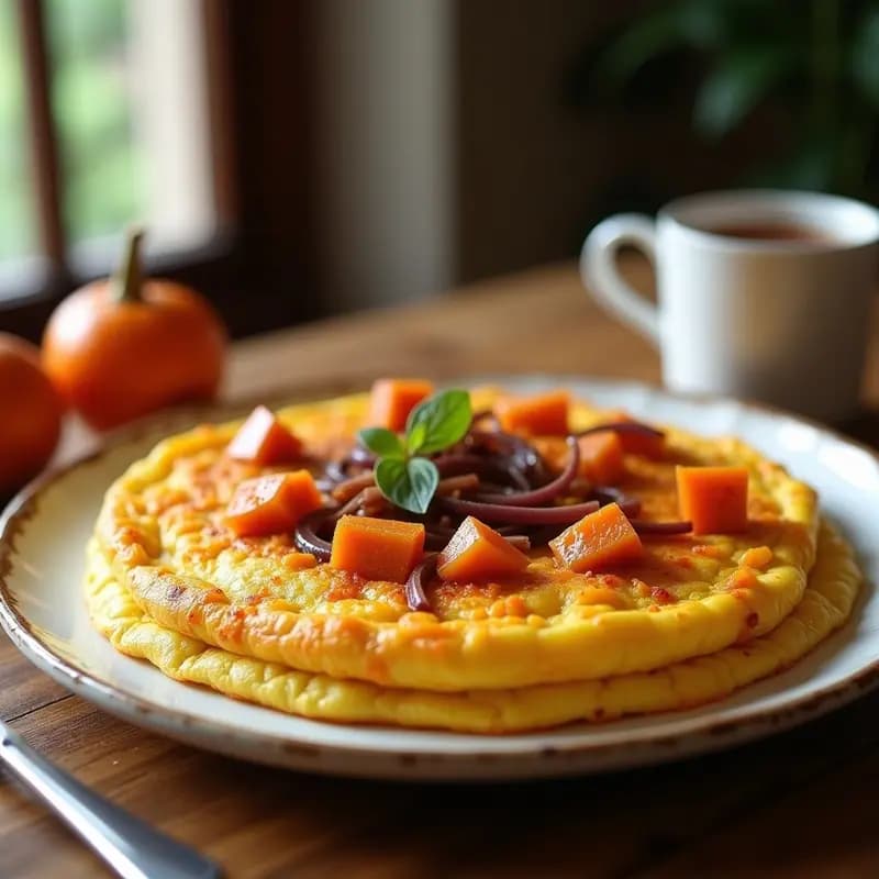 Tortilla española dorada con trozos de boniato naranja y cebolla morada caramelizada, servida en plato blanco rústico con fondo de madera.