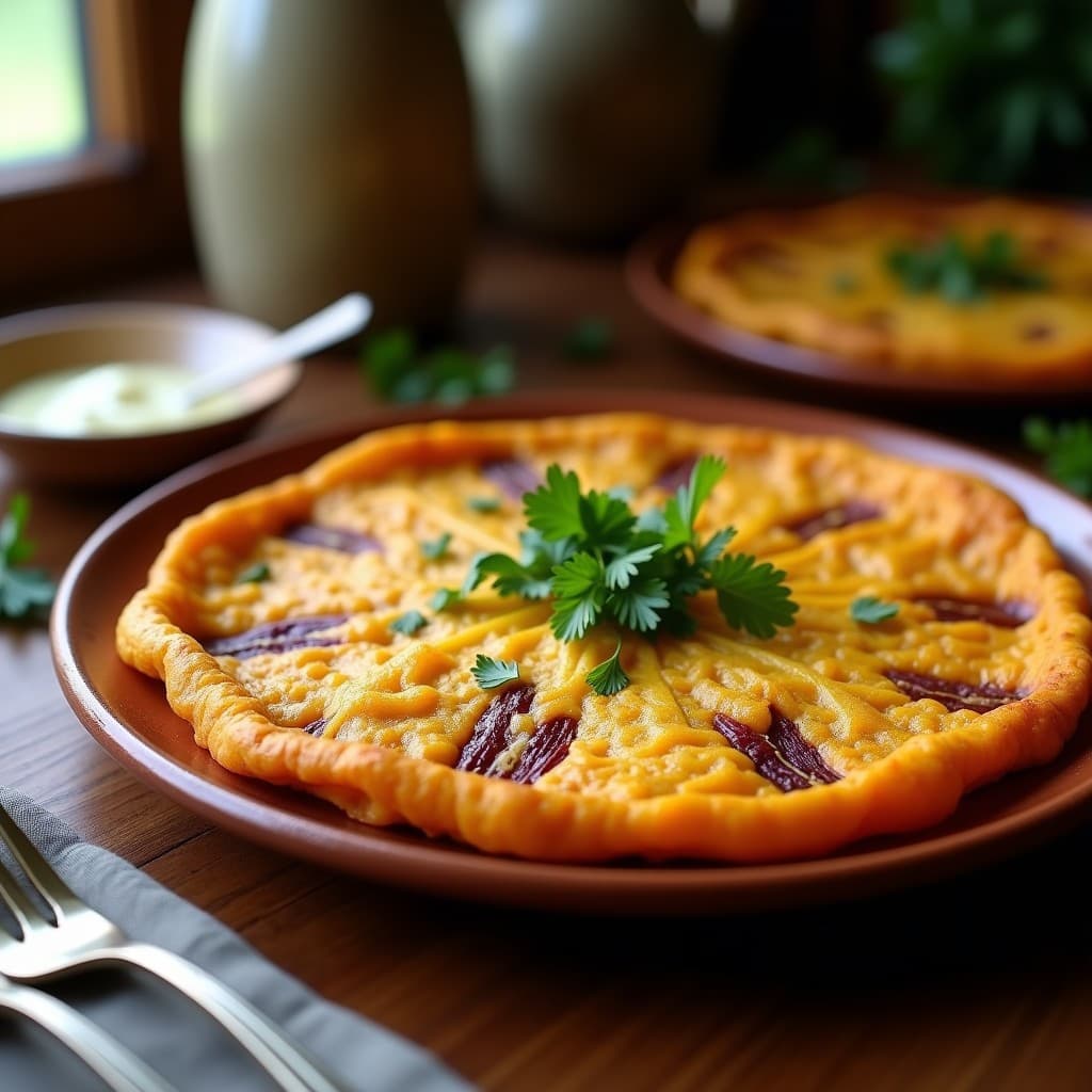 Tortilla española vegana de boniato dorada por fuera y jugosa por dentro, servida en plato de barro con perejil fresco espolvoreado.