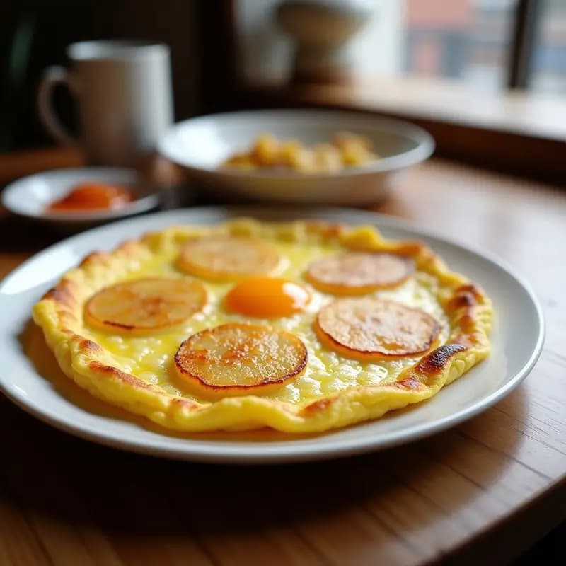 Tortilla de patatas al estilo cafetería de Madrid servida en plato blanco, dorada por fuera y jugosa por dentro, con rodajas de patata visibles.