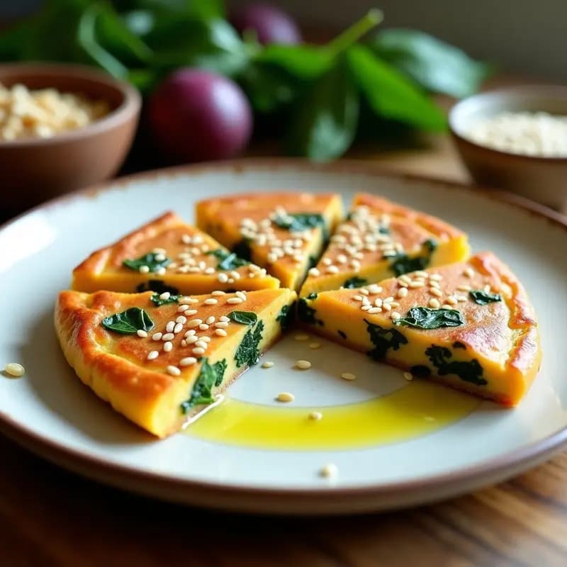Tortilla española dorada de camote morado y espinacas, cortada en porciones, con semillas de sésamo espolvoreadas. Plato rústico de fondo con hierbas frescas y un chorrito de aceite de oliva.