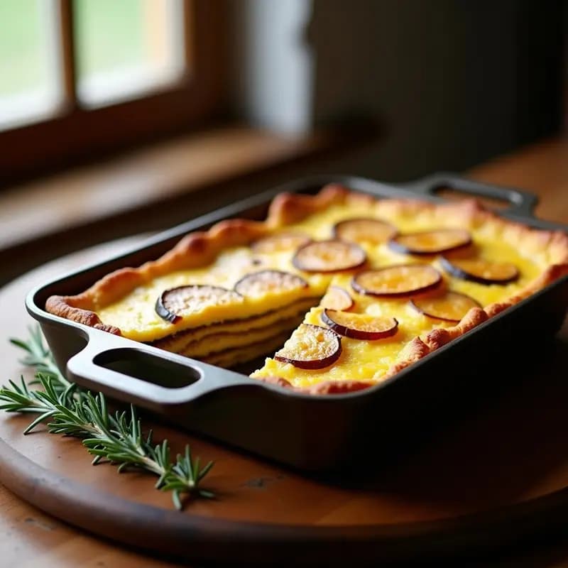 Tortilla española capeada con berenjena en molde rectangular, capas visibles de patata, huevo y berenjena asada, dorada por encima, servida en plato rústico.