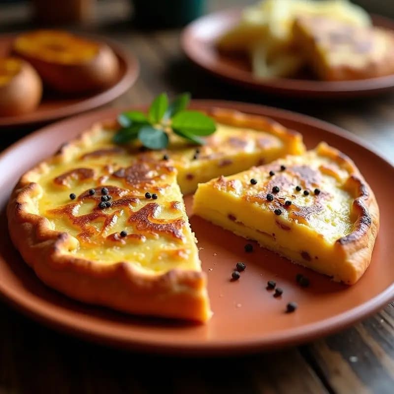 Tortilla española dorada y crujiente con cebolla caramelizada servida en plato de barro, cortada en porciones con textura jugosa en el interior.