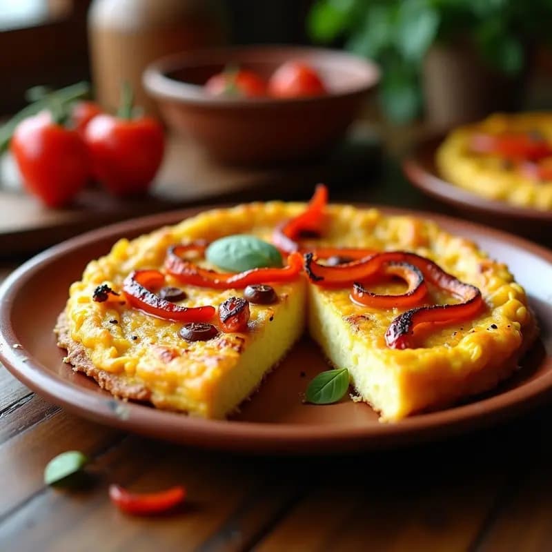 Tortilla española dorada con capas visibles de cebolla caramelizada y tiras de pimiento asado, servida en plato de barro rústico.