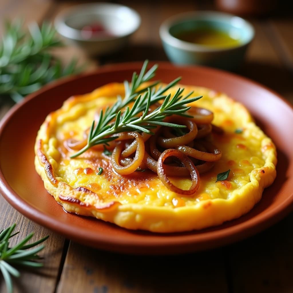 Tortilla española dorada y jugosa con cebolla caramelizada y ramitas de romero fresco, servida en plato de barro rústico.