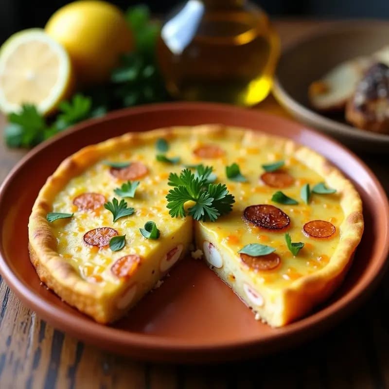 Tortilla de patatas dorada con trozos jugosos de bonito del norte, servida en plato de barro rústico con perejil fresco espolvoreado.
