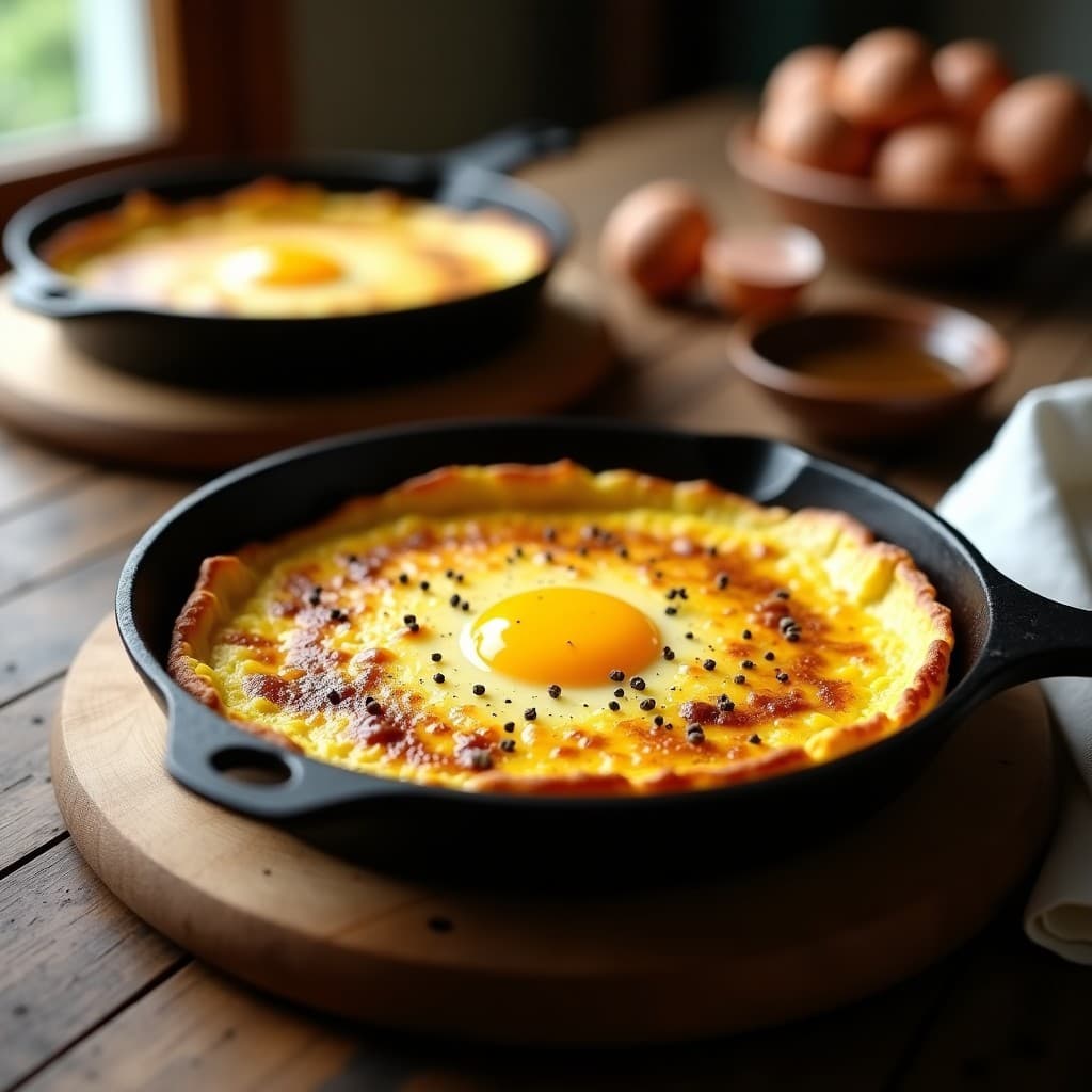 Tortilla española cremosa con yema líquida en sartén de hierro, coronada con aceite de trufa negra y pimienta molida, servida sobre tabla de madera rústica.
