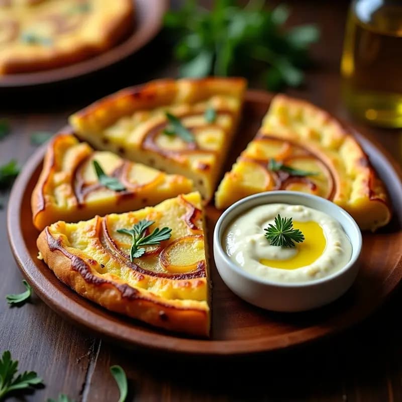 Tortilla española dorada y crujiente servida en plato de madera con rodajas de cebolla morada y alioli trufado cremoso al lado. Receta gourmet de tortilla española crujiente con alioli trufado.