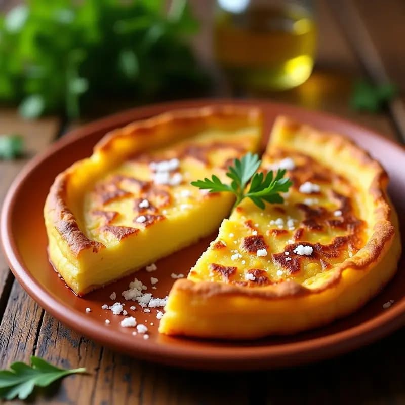 Tortilla española dorada y crujiente por fuera, con capas de patatas y cebolla en su interior, servida en plato de barro rústico, receta fácil en olla antiadherente.