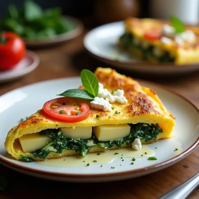 Tortilla española al horno dorada y esponjosa con trozos de patata, espinacas y queso feta, servida en un plato blanco rústico.