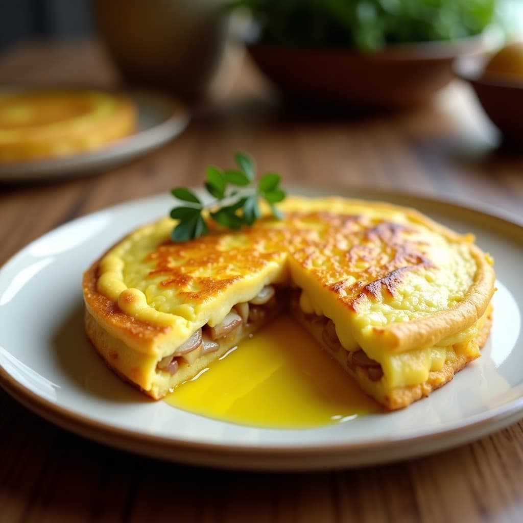 Tortilla española esponjosa cortada en porciones, con un interior jugoso y dorado por fuera, servida en un plato blanco rústico. Receta en ollas superpuestas sin voltear.