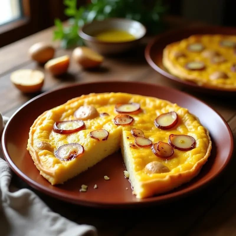 Tortilla española dorada y jugosa con trozos de cebolla caramelizada y patata, servida en un plato de barro rústico, receta tradicional con herramientas básicas.