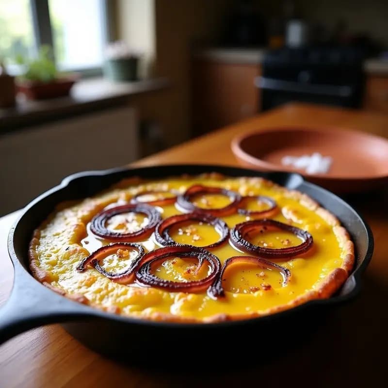 Tortilla española inversa con cebolla caramelizada y azafrán en sartén de hierro, servida en plato de barro con color dorado intenso y textura cremosa.