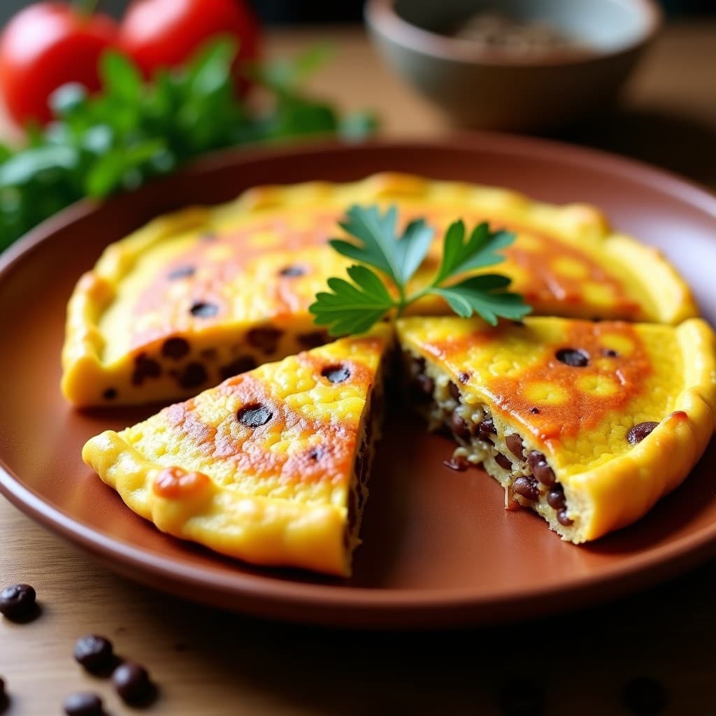 Tortilla española de lentejas dorada y jugosa cortada en porciones, con textura esponjosa y trozos de pimiento rojo y cebolla visibles, servida en plato de barro rústico.