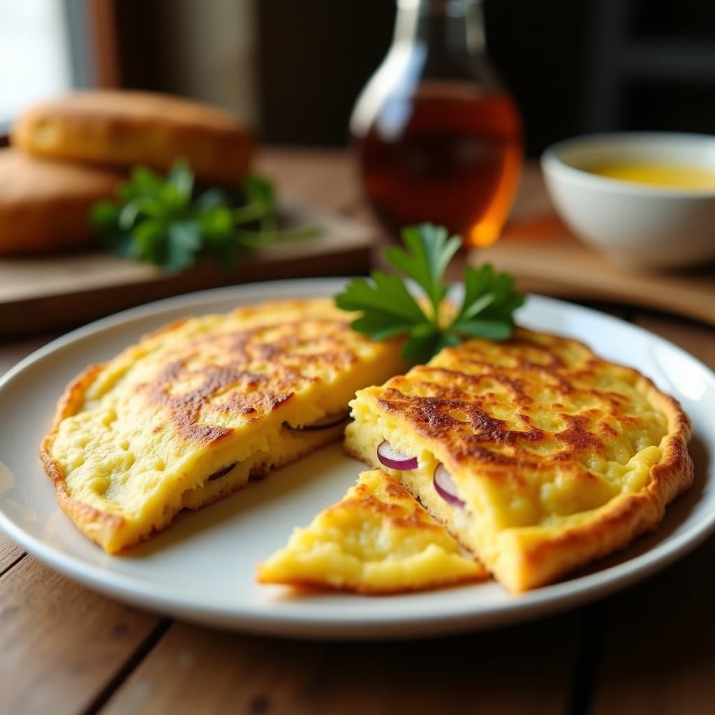 Tortilla española ligera al horno en plato blanco, con rodajas de patata y cebolla visibles, dorada por fuera y jugosa por dentro, receta baja en calorías.