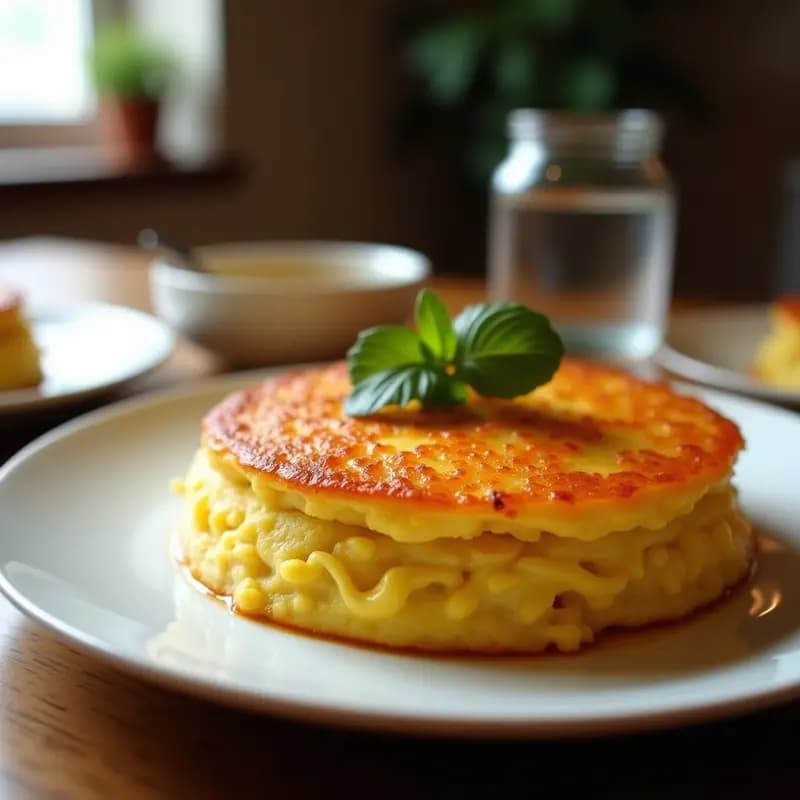 Tortilla española light y aireada en sartén antiadherente, dorada por fuera y jugosa por dentro, con trozos de patata y cebolla, servida con perejil fresco.