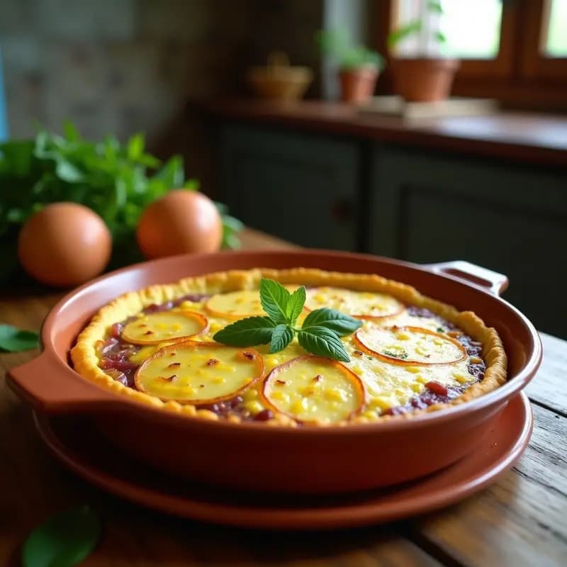 Tortilla española dorada en molde de horno, con rodajas de patata visibles y hojas de menta fresca como decoración, servida en plato rústico de barro.