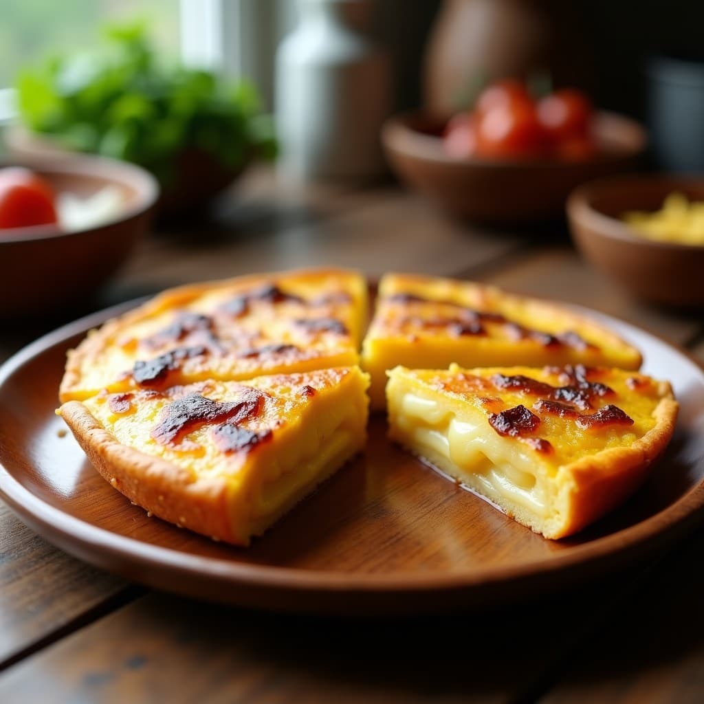 Tortilla española dorada y crujiente por fuera, con centro cremoso, cortada en porciones sobre un plato de madera rústico. Receta de tortilla española en olla express.