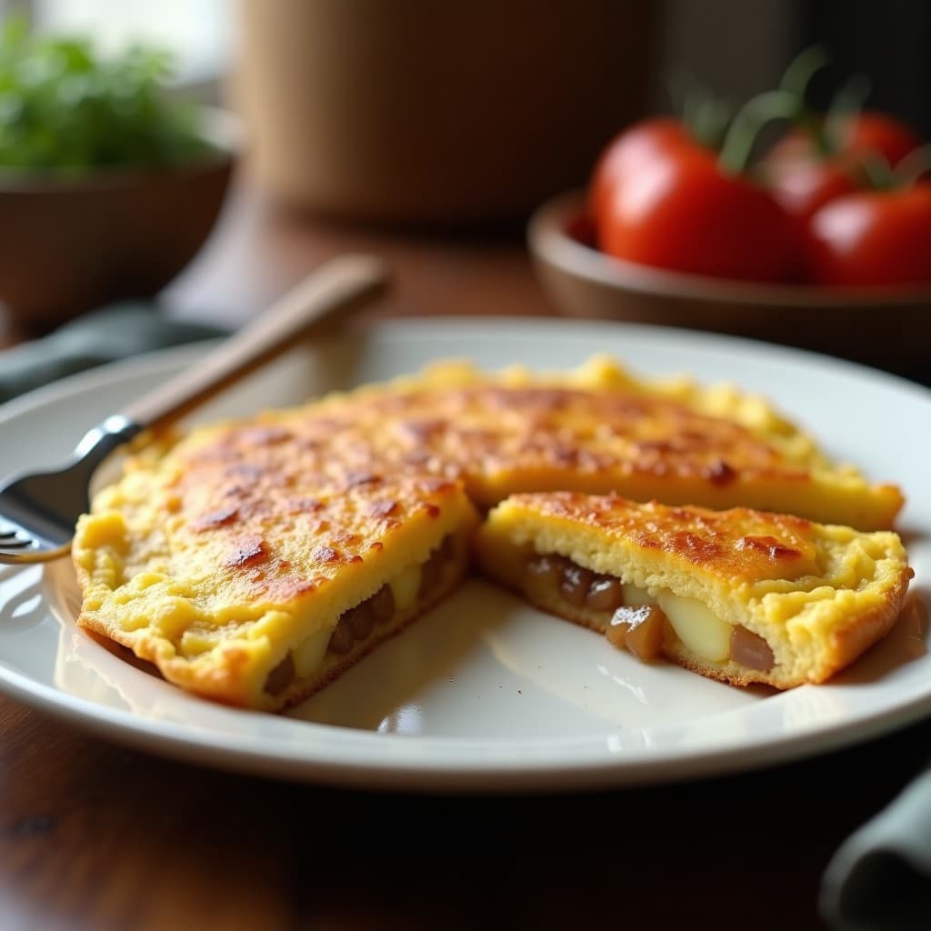 Tortilla de patatas dorada y jugosa cortada en porciones, cocinada en olla GM, con trozos de cebolla visibles en su interior, servida en plato blanco rústico.