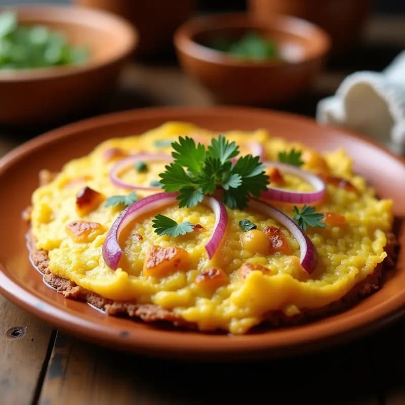 Tortilla española dorada y esponjosa en olla lenta con trozos de patata, coliflor y cebolla morada, servida en plato de barro.