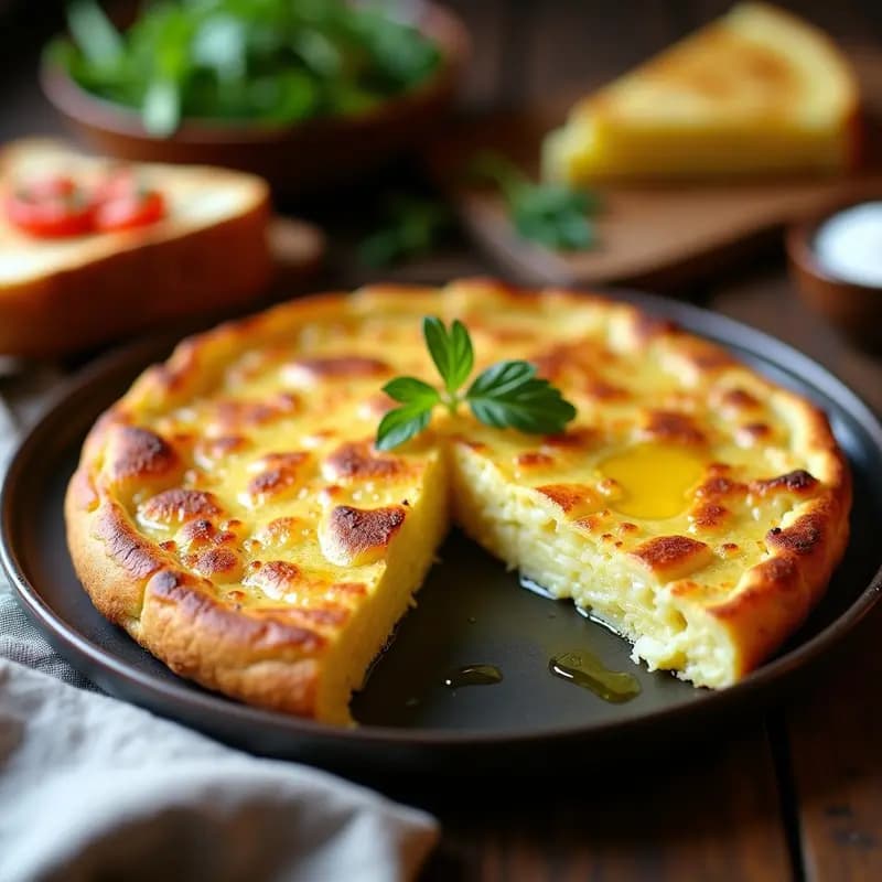 Tortilla de patatas dorada y crujiente en su exterior, jugosa por dentro, servida en plato de barro rústico con rodajas de pan tostado al lado, receta de olla a presión.
