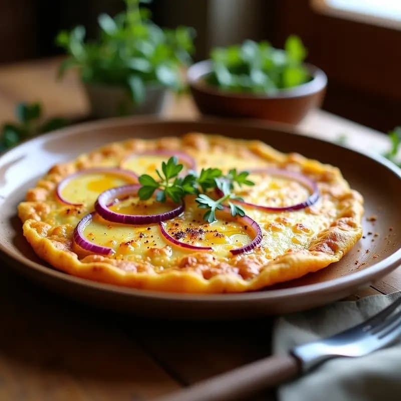Tortilla española vegana en olla lenta, dorada por fuera y jugosa por dentro, con capas visibles de patata y cebolla, servida en plato de barro rústico.