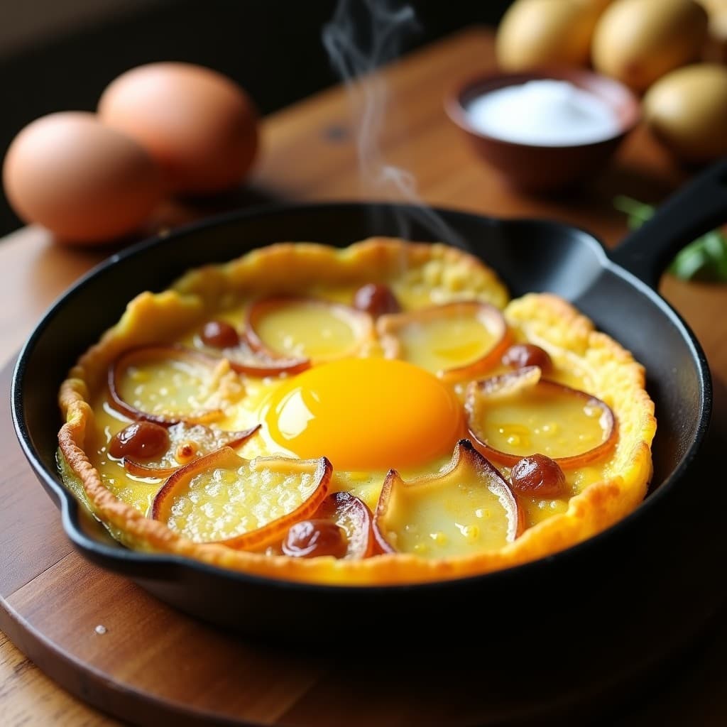 Tortilla de patatas española dorada y jugosa en sartén antiadherente, con yema líquida en el centro, rodeada de rodajas de patata y cebolla caramelizada, receta sin voltear.