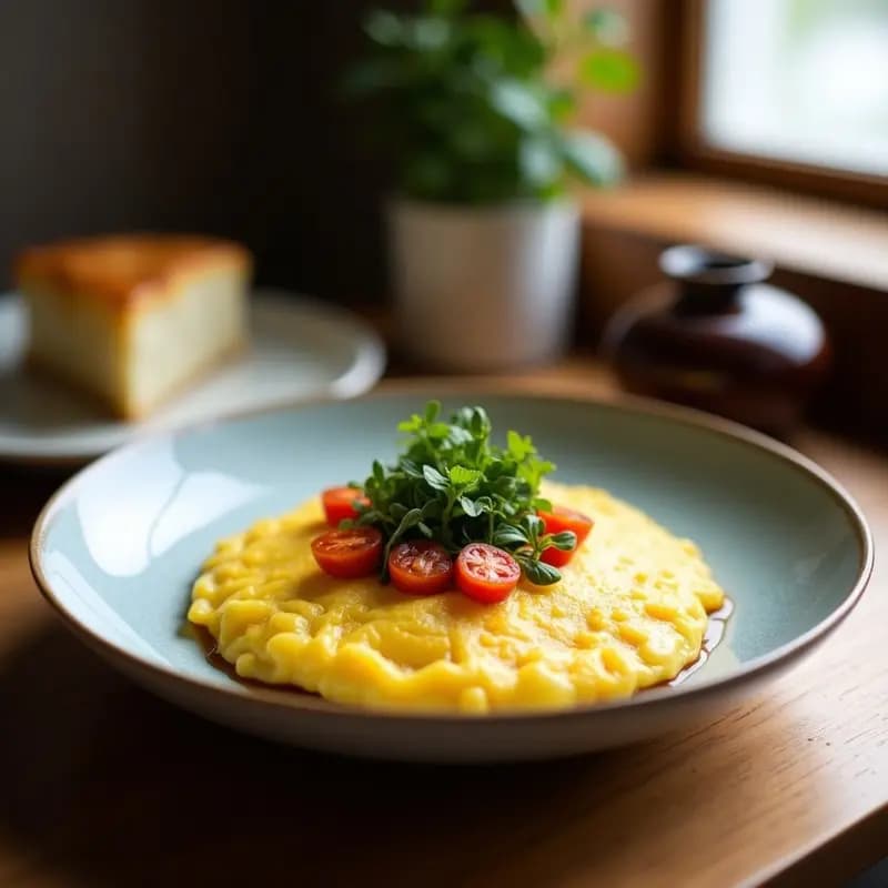 Tortilla española vegana dorada en sartén de hierro, con trozos de patata roja y algas iziki visibles, espolvoreada con semillas de sésamo. Plato rustico de madera de fondo con hierbas frescas.
