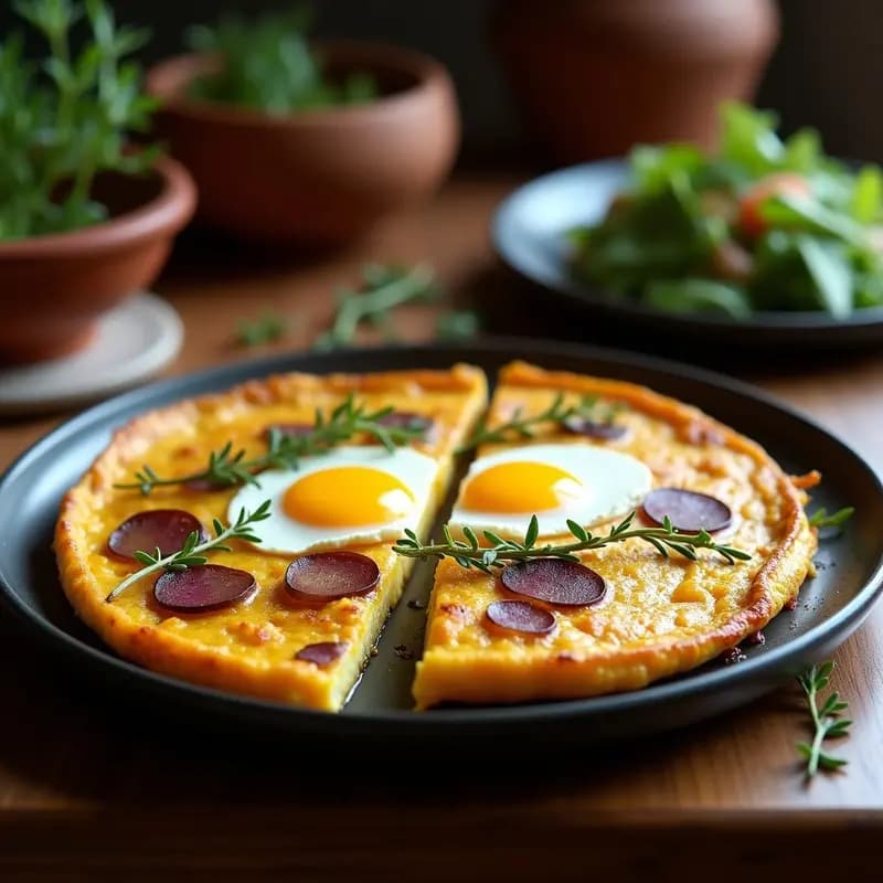 Tortilla española dorada con patata azul de Okinawa y huevo de camelina, servida en plato de barro con hierbas frescas y corte en porciones.