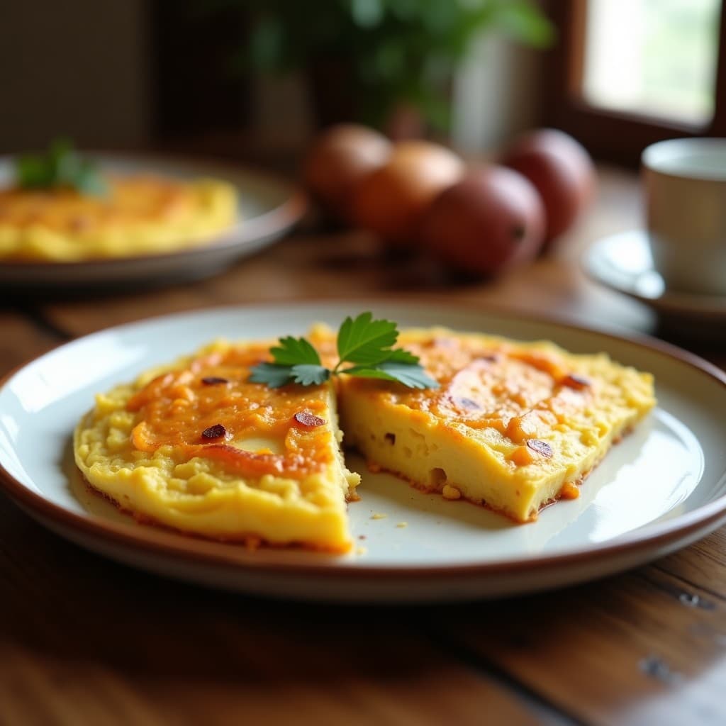 Tortilla española dorada con trozos visibles de patata y batata, servida en plato rústico con perejil fresco, receta Thermomix sin frito.
