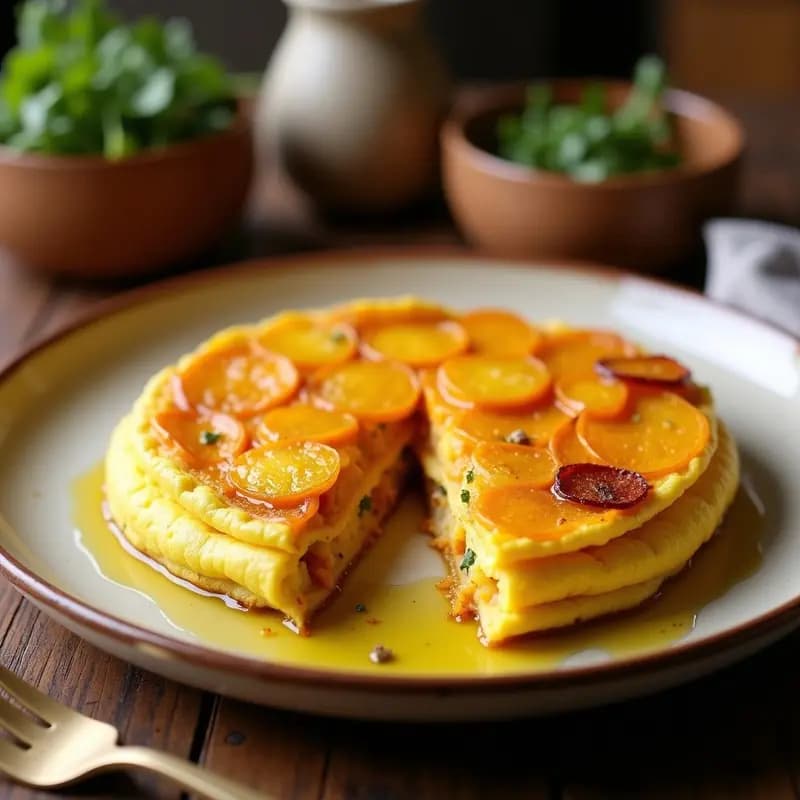 Tortilla española dorada con capas visibles de patata y batata, rociada con aceite de trufa negra, servida en plato de cerámica rústico con tenedor de madera.